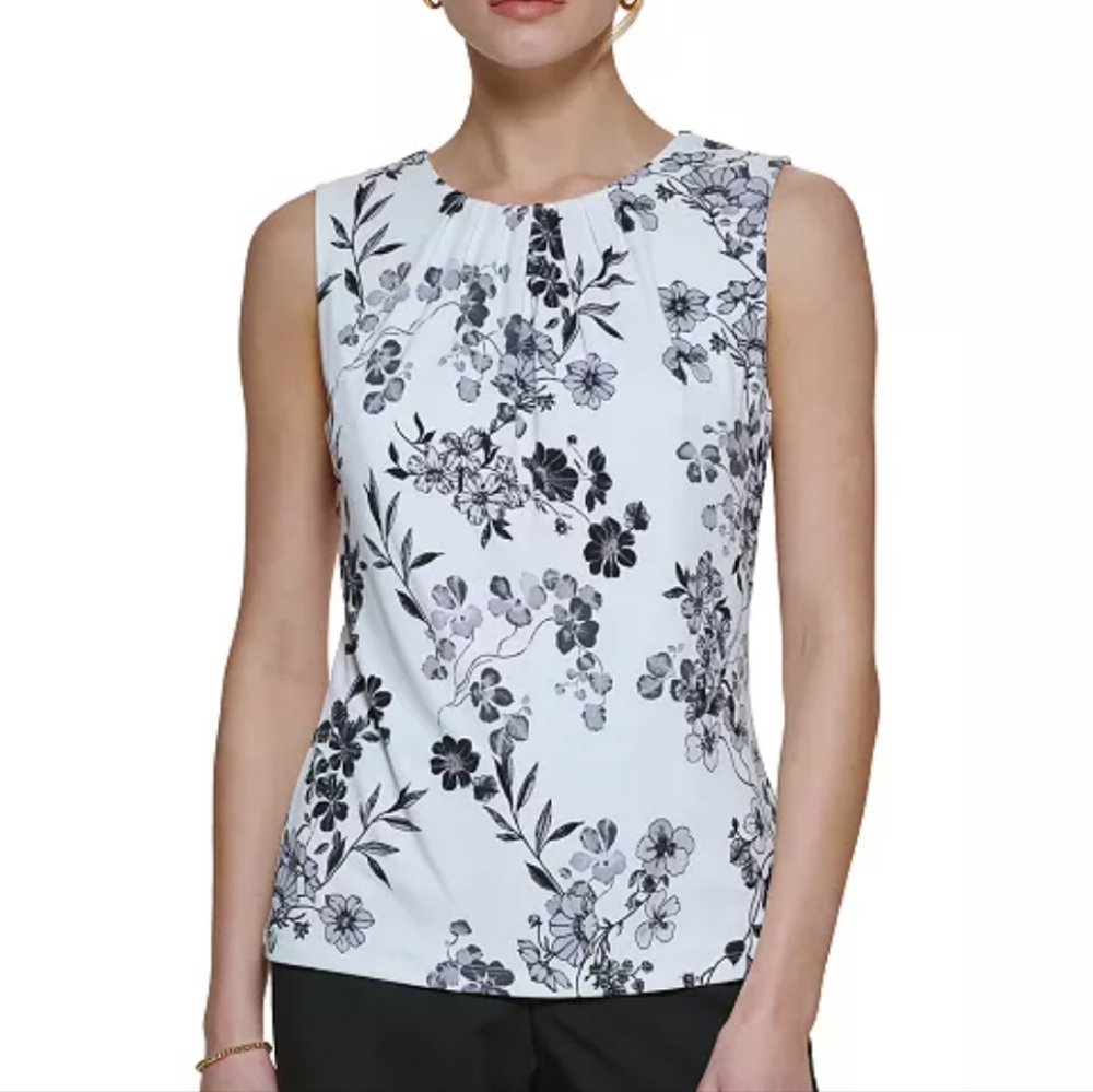 NWOT Calvin Klein White Fitted Floral Tank Top - Picture 1 of 7